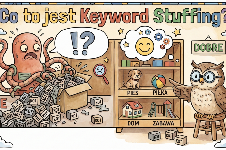 Co to jest Keyword Stuffing? Obrazek ilustruje, jak nie wstawiać fraz kluczowych oraz jak robić to poprawnie.