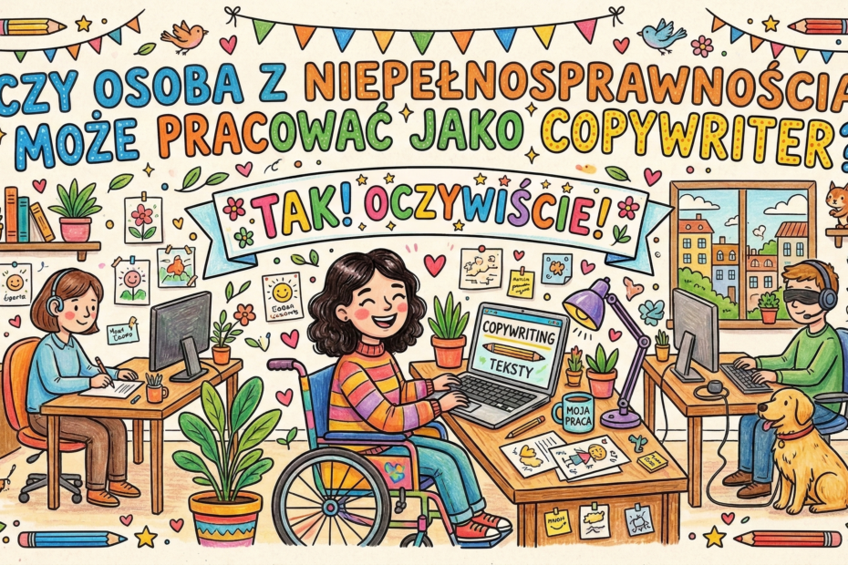 Copywriter z orzeczeniem o niepełnosprawności znajdzie dzisiaj pracę? Jasne, że tak! Oto wesoła grafika przedstawiająca osoby z niepełnosprawnością pracujące przy komputerze. To copywriterzy.