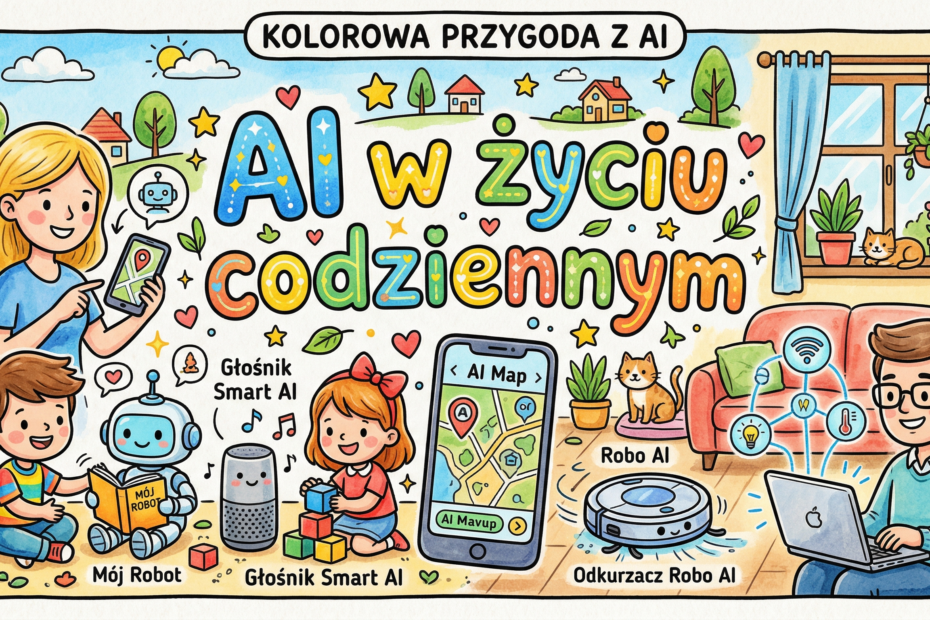 Grafika obrazuje, gdzie w codziennym życiu wykorzystujemy AI - na przykład w telefonach i innym domowym sprzęcie.